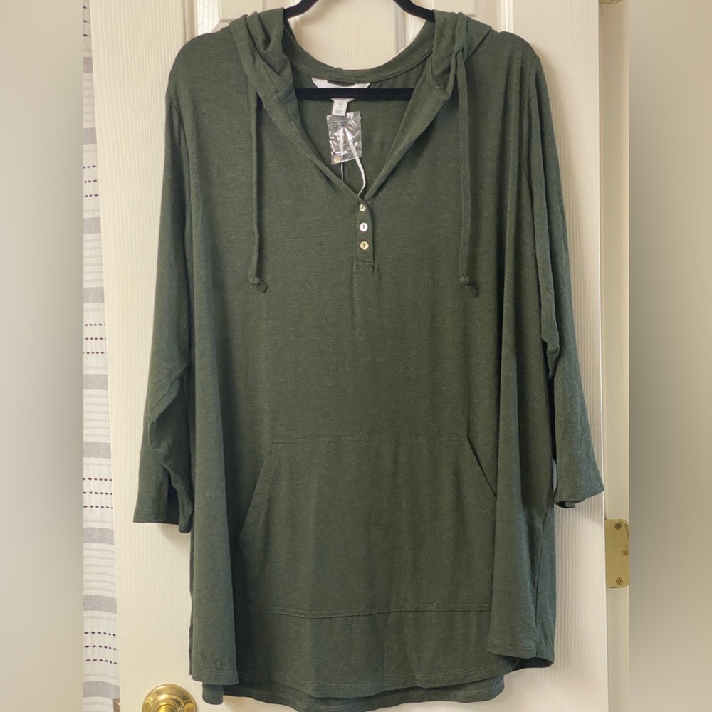 Market & Spruce 3/4 Length Sleeve Olive Green Hooded Women's Top Size 3X NWT